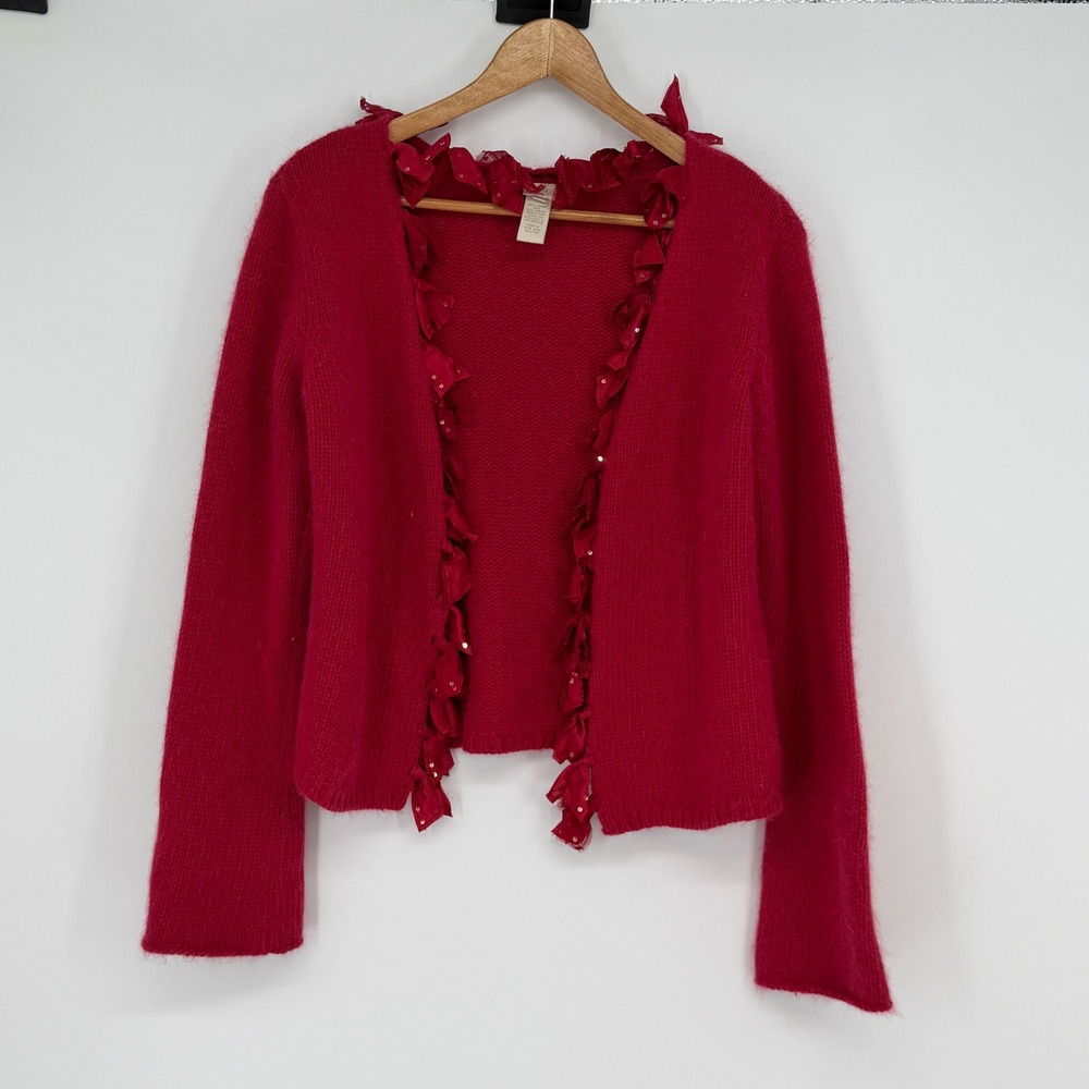 J Jill Red Angora Wool Blend Beaded‎ Trim Cardigan Sweater XS